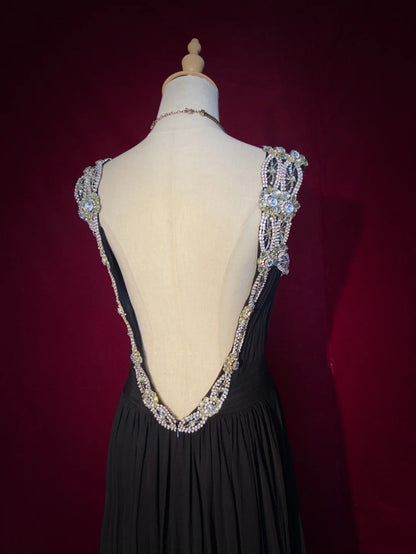 Vintage Prom Dresses 80er Jahre A-Linie V-Ausschnitt Black Tie Kleid Rückenfrei Chiffon Abendkleider N3473