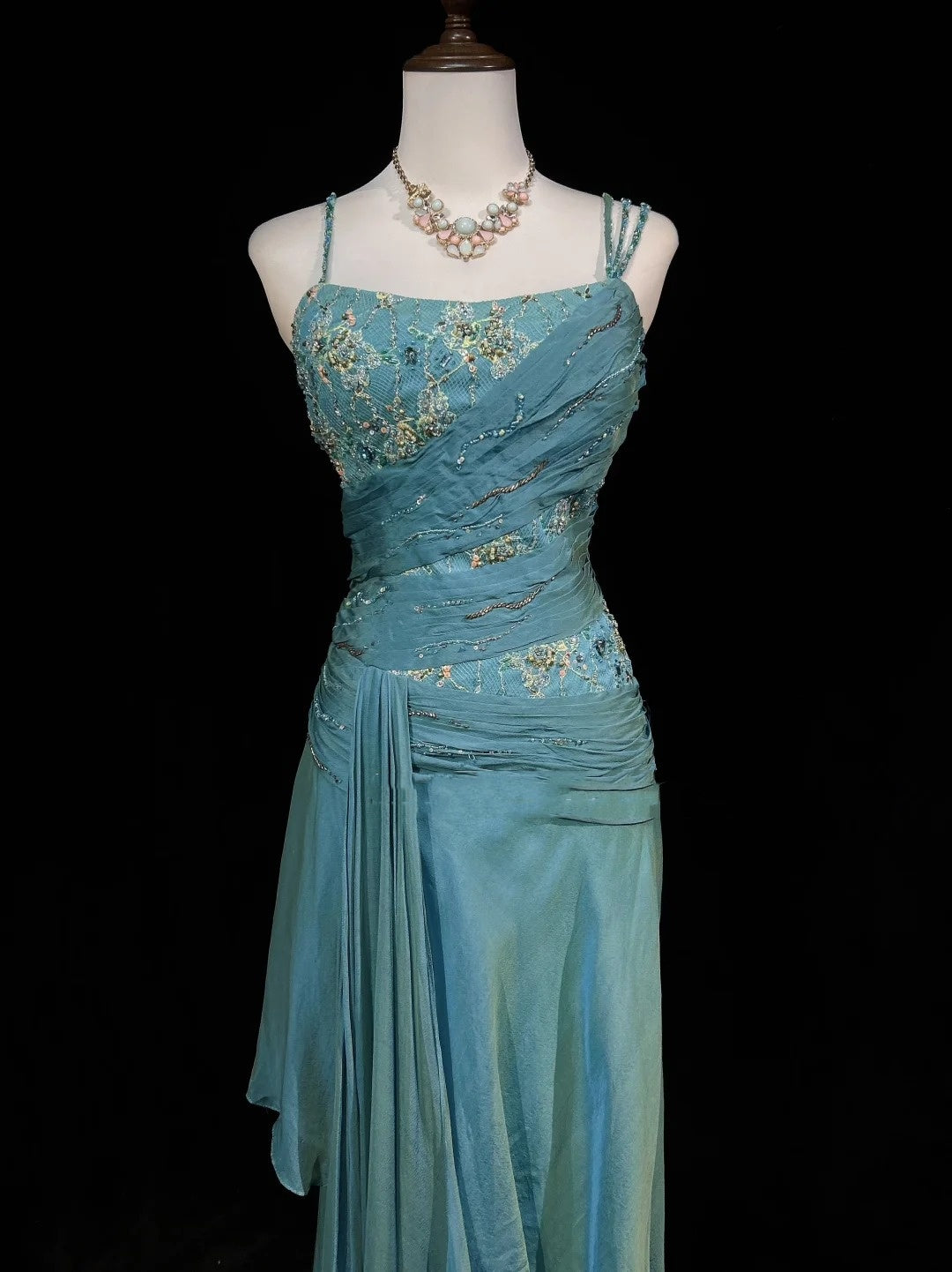 Robes de bal vintage coupe trapèze années 2000 à fines bretelles en mousseline bleue avec perles dentelle longue robe de soirée N2459