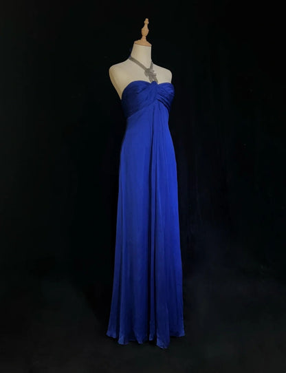 Robes de bal vintage en mousseline de soie bleu roi coupe trapèze à col américain avec perles, longue robe de soirée des années 90 N2903
