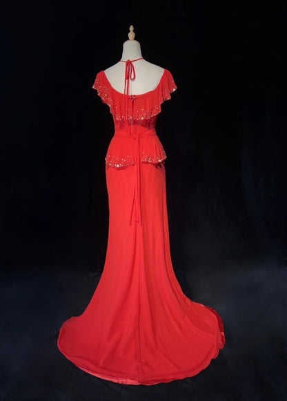Vintage Prom Dresses Inspo Mermaid Halter Red Chiffon With Beading For Women Formal Dress N3265