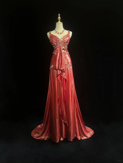 Élégante Robe de soirée longue corail à bretelles, coupe trapèze, perlée, plissée, sans manches, avec cape, Robes de bal N2448
