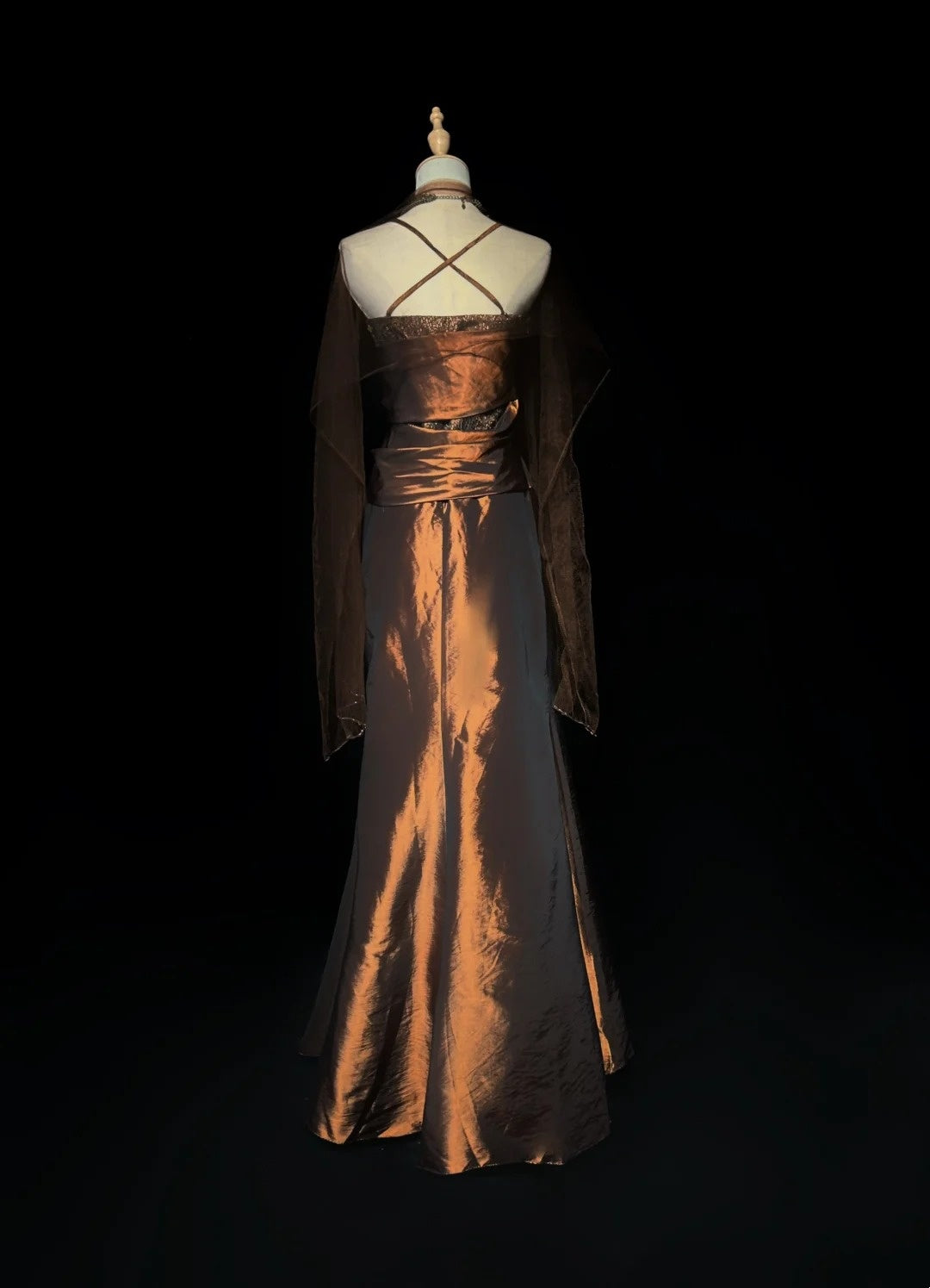 Vintage Ballkleider Inspo Meerjungfrau Spaghettiträger Braun mit Perlen 80er Jahre Langes Abendkleid N2738