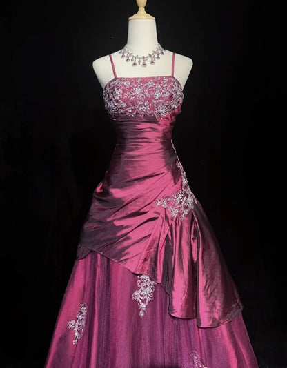 Vintage Abschlussballkleider Ballkleid Spaghettiträger Fuchsia Ärmellos Taft 90er Langes Abendkleid N2878