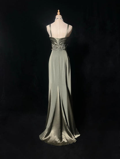 Robes de bal vintage, ligne A, bretelles spaghetti, satin vert avec perles, longue robe de soirée N2503