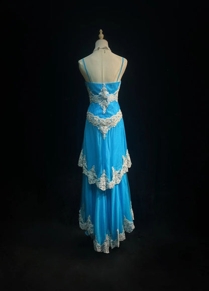 Vintage Prom Dresses A line Spaghetti Strap Blue Tulle Lace 1980s Mid Length Formal Evening Gown N2627