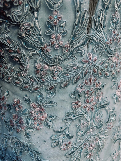 Vintage Abschlussballkleider Inspo Meerjungfrau V-Ausschnitt Hellblau Lang 1990er Mit Spitzenapplikationen Formelle Kleider N3359