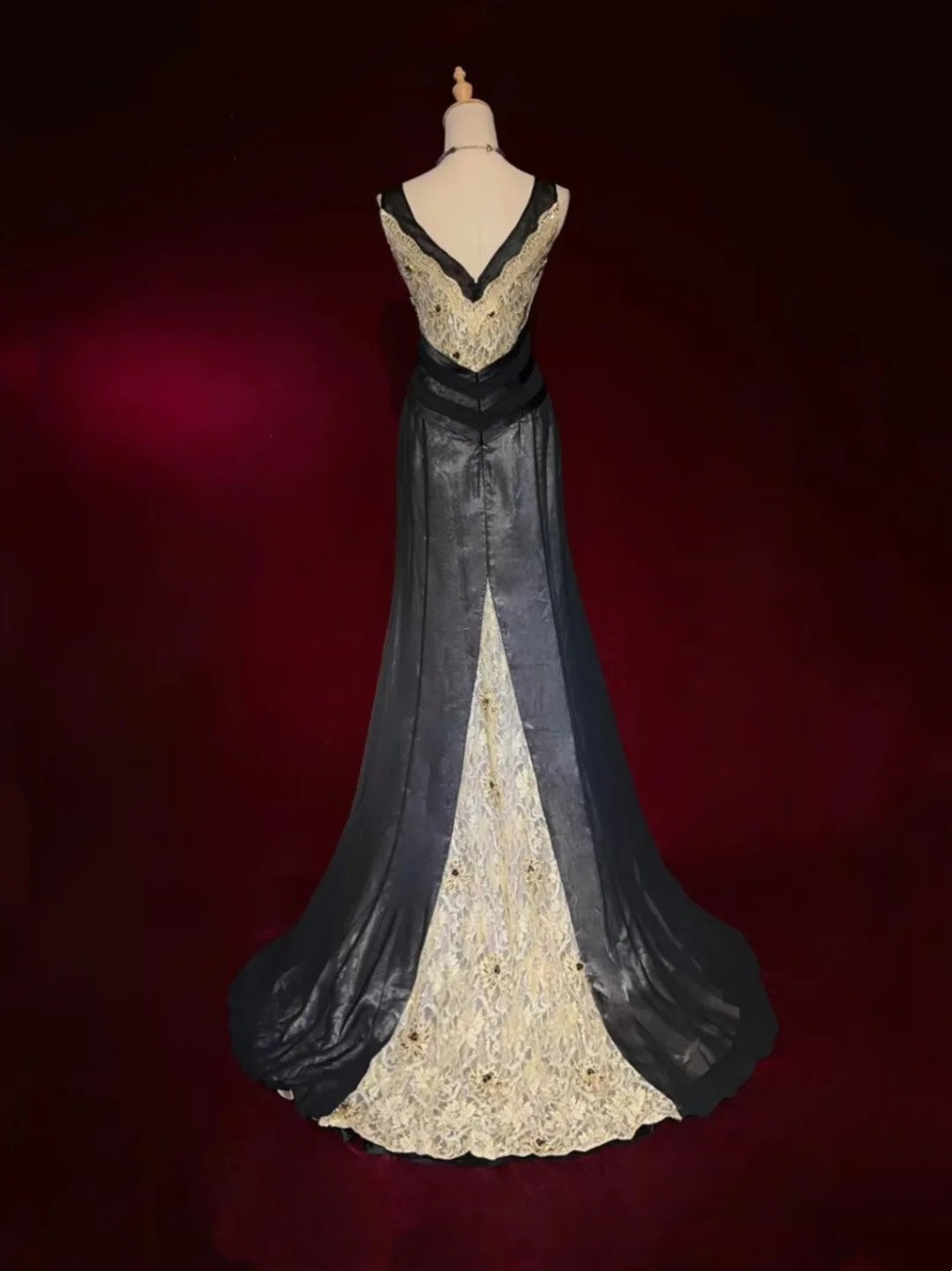 Vintage Prom Dresses Mermaid V Neck Beaded Satin Black 80s Evening Formal Dress RB3272