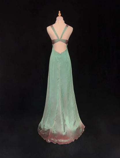 Vintage Ballkleider A-Linie Sweetheart Mit Trägern Grün Chiffon Ärmellos 1990er Lange Formelle Abendkleid N2634