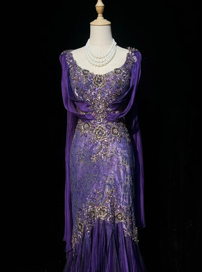 Vintage Prom Dresses 90s Mermaid Square Neck Purple Chiffon Long Lace With Beading Evening Formal Outfits RB5142