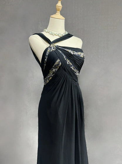 Bescheidene Ballkleider A-Linie Neckholder Schwarz Chiffon Rückenfrei Bodenlang Formelle Abendgarderobe N3484