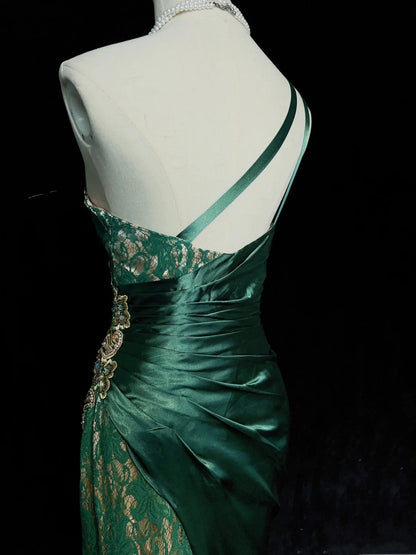 Vintage Prom Dresses Inspo Meerjungfrau Ein-Schulter Dunkel Smaragdgrün 1990er Mit Gold Spitze Abendkleider N3320