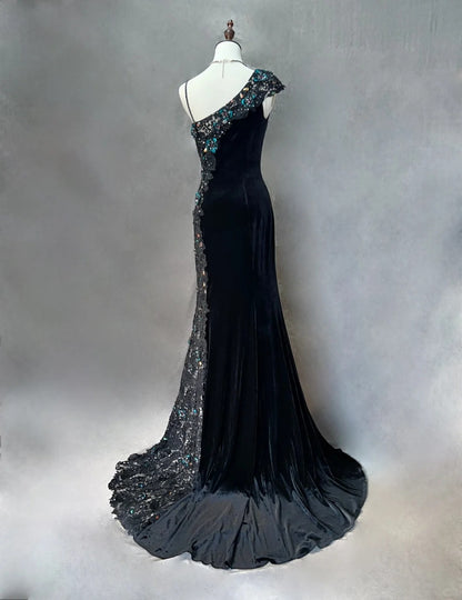 Robes de bal vintage Sirène Asymétrique Velours Noir Paillettes avec Fente Longue Robe de Soirée Années 70 N2579