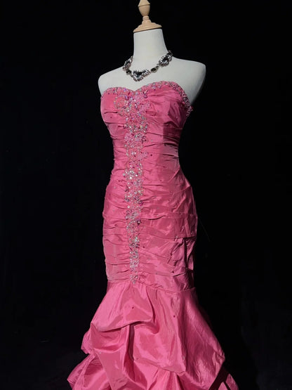 Robes de bal vintage sirène bustier satin rose à volants superposés années 90 longue robe de soirée N2916