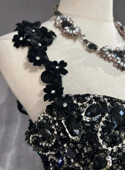Robes de bal vintage, inspiration sirène, fines bretelles, noires, longues, années 1990, avec applications de perles, robes de soirée N3378
