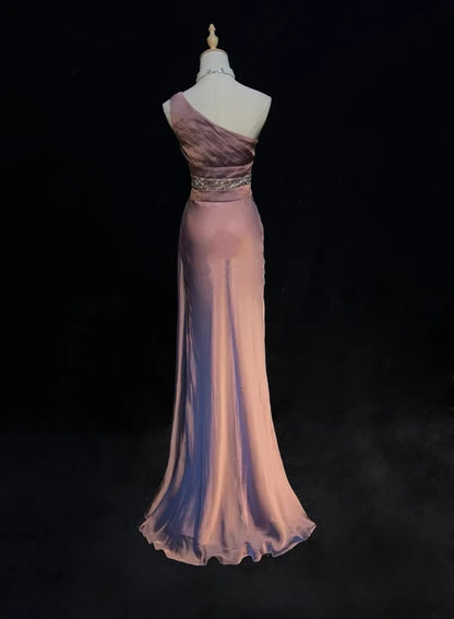 Vintage Prom Dresses 90er Meerjungfrau-Stil One Shoulder Chiffon Lang mit Perlen Abendgarderobe N3139