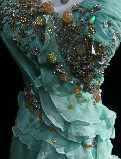 Robes de bal vintage coupe trapèze asymétriques vert menthe années 70 avec volants en mousseline longue robe de soirée formelle N2525