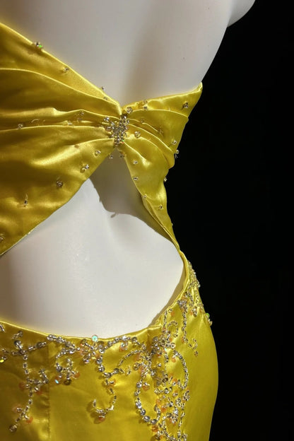 Vintage Prom Dresses Mermaid Halter Yellow With Lace Beading 80s Evening Formal Dress RB3312