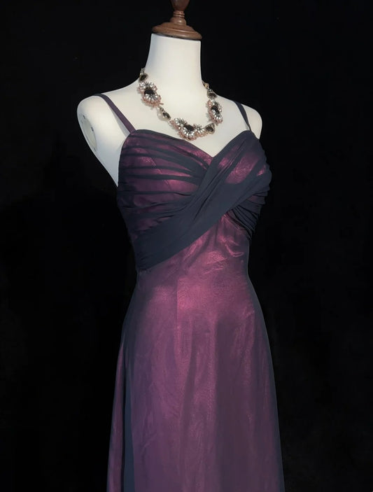 Vintage Prom Aesthetic Dresses A Line Spaghetti Strap Burgundy Black Chiffon Long Formal Dress N3016