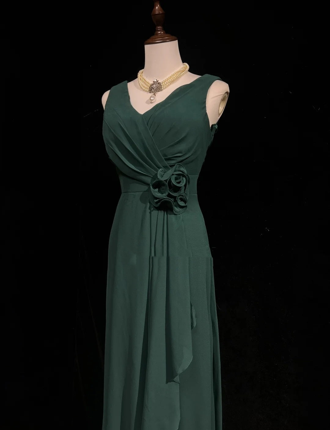 Einfache Ballkleider A-Linie V-Ausschnitt Dunkelgrün Chiffon Bodenlang Rüschen Formelles Abendkleid N3686