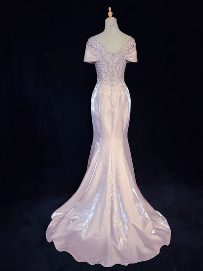 Vintage Abschlussballkleider Inspo Meerjungfrau schulterfrei rosa Satin 80er mit Spitze Abendkleider N3374