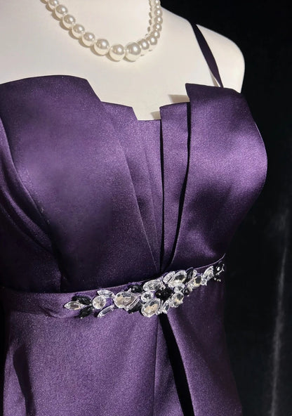 Einfache Abendkleider A-Linie Spaghettiträger Traube Teelänge Formelles Partykleid N2530