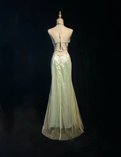 Élégantes Robes de Bal Chic Sirène Licou Vert Satin Dos Nu Sans Manches Avec Perles Robes de Soirée Semi-Formelles N3799