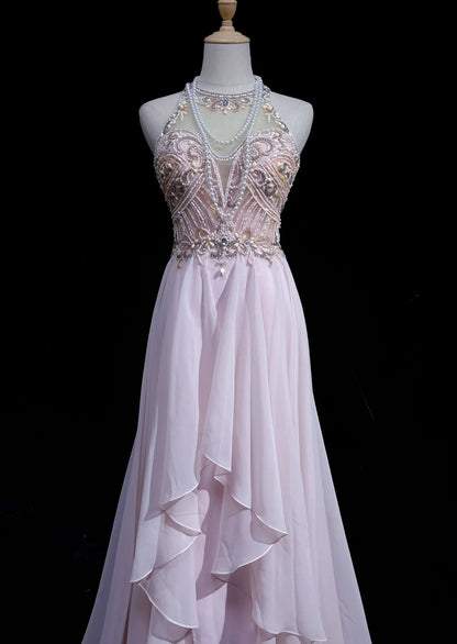 Robes Vintage Esthétique Bal de Promo Trapèze Bijoux Perles Rose Chiffon avec Perles Longue Robe de Soirée N3033