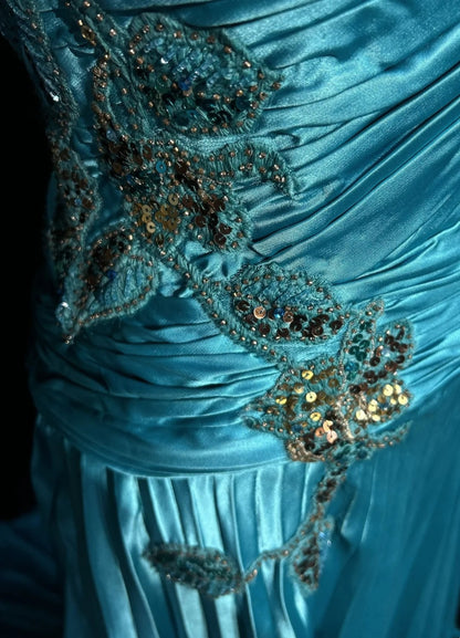 Robes Esthétiques de Bal Vintage Ligne A en Satin Bleu avec Perles Appliquées Longue Robe de Soirée N3024