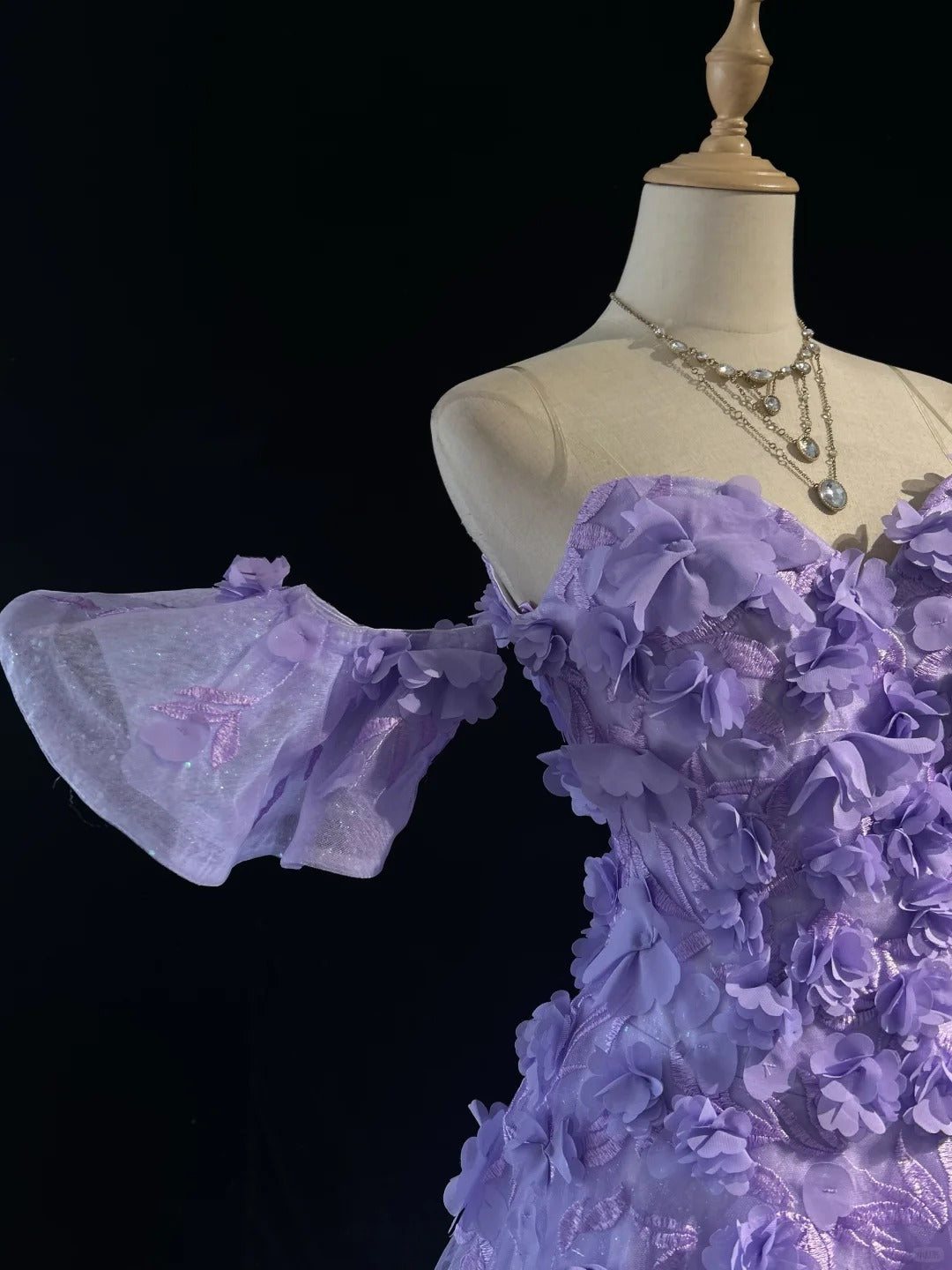 Prinzessinnen-Ballkleider, schulterfrei, fliederfarben, mit 3D-Blumen, festliche Abendmode N3894