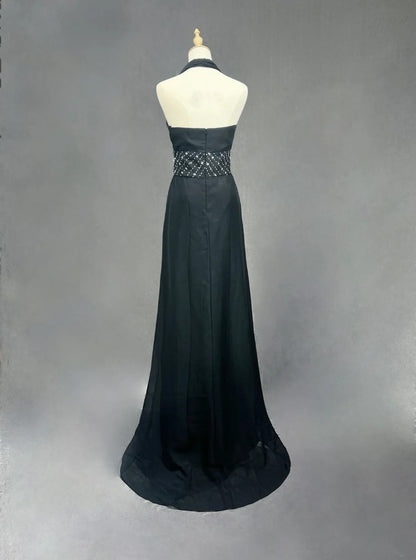 Vintage Prom-Kleider A-Linie Neckholder Schwarz Chiffon Perlenstickerei 1970er Jahre Langes Abendkleid N2619