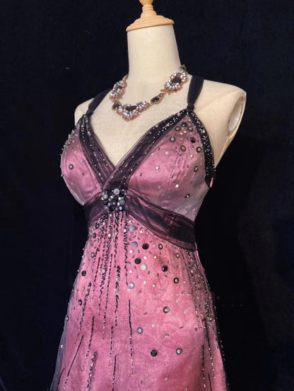 Robes de bal intemporelles sans manches ligne A en tulle noir longueur thé avec perles robe de rentrée N3255