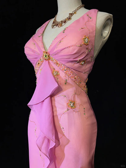 Idées de robes de bal modestes sirène col en V mousseline rose avec perles à volants pour femme robe de soirée formelle N3231