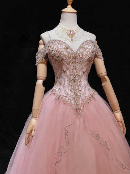 Prinzessinnen-Ballkleider Inspo Ballkleid Pink Tüll Lang mit Perlen Abendkleider N3392