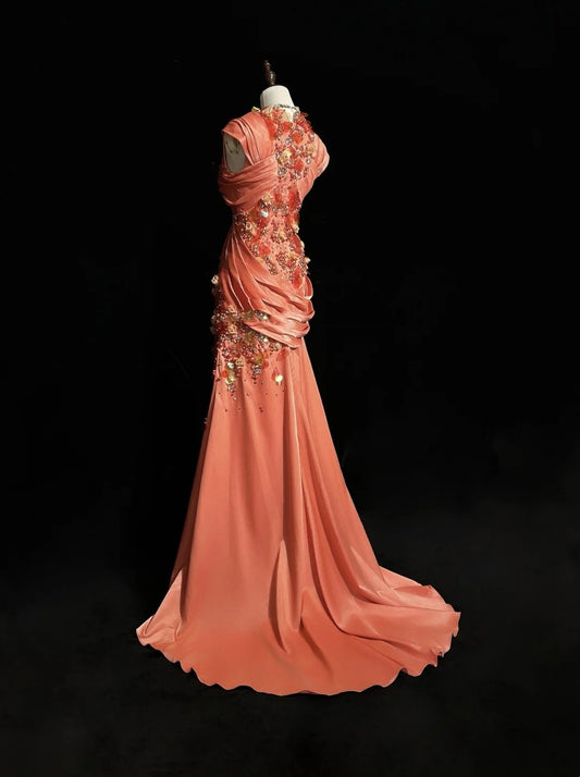 Vintage Prom Dresses 80s Mermaid V Neck Coral Satin With Ruffled Flowers Long Evening Outfits N3453