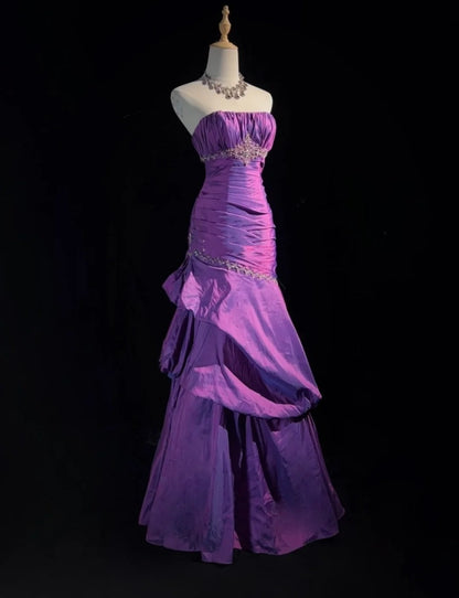 Robes de bal vintage sirène bustier en taffetas violet avec perles, longue robe de soirée années 80 N2625