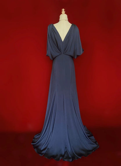 Vintage Prom Dresses 80s Mermaid V Neck Navy Blue Satin Floor Length Evening Outfits N3459