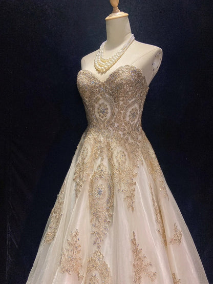 Vintage Prom Dresses Inspo Ball Gown Sweetheart Champagne With Gold Lace For Women Formal Dress N3219
