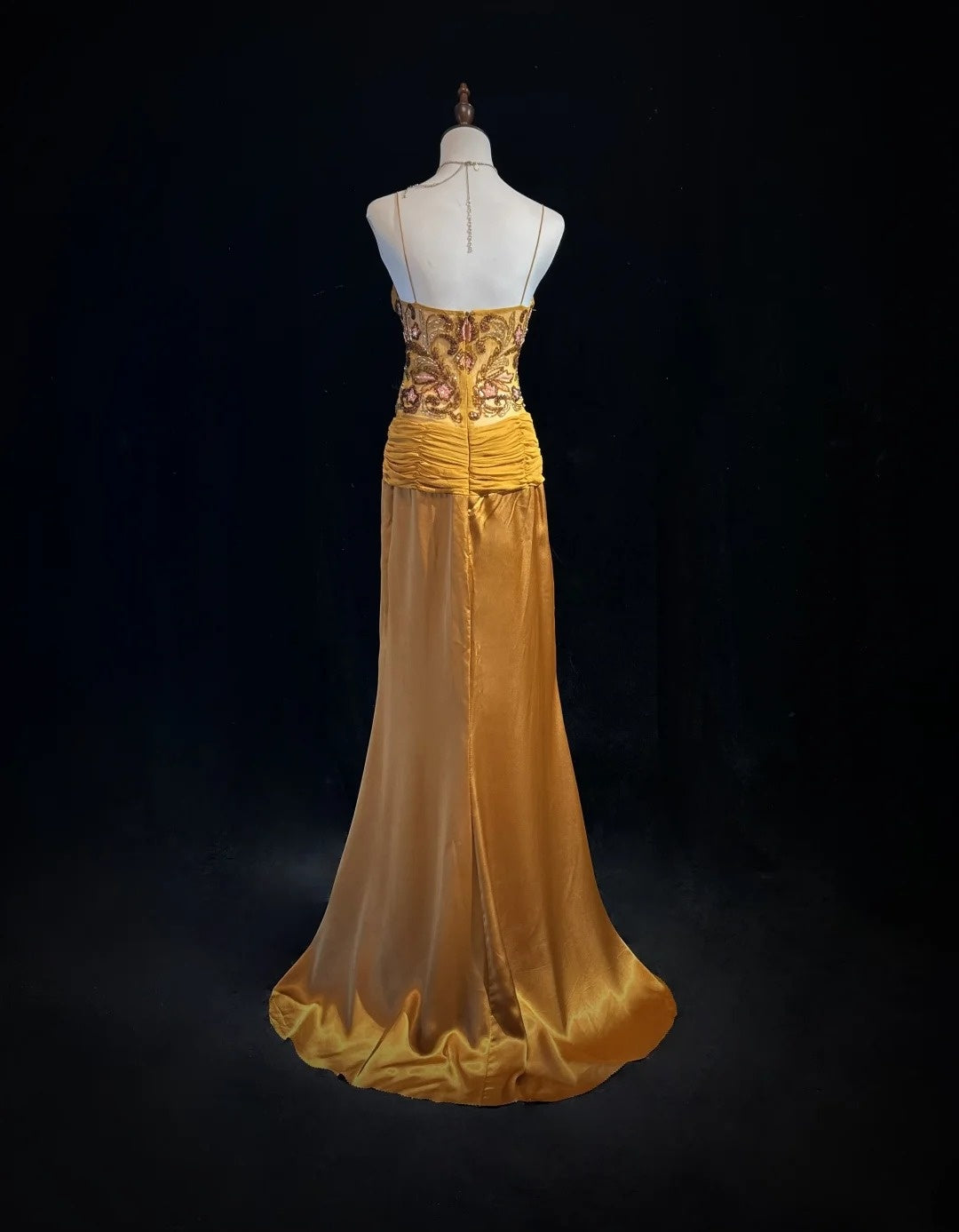 Vintage Abschlussballkleider Meerjungfrau Spaghettiträger Gold mit Rüschenperlen Chiffon 90er Jahre Abendkleid N2588