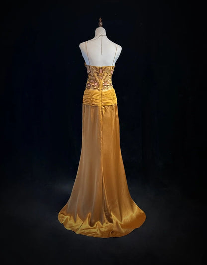 Vintage Abschlussballkleider Meerjungfrau Spaghettiträger Gold mit Rüschenperlen Chiffon 90er Jahre Abendkleid N2588