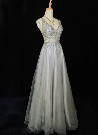 Vintage Prom Dresses Inspo A line V Neck Light Grey With Beading For Women Formal Dress N3238