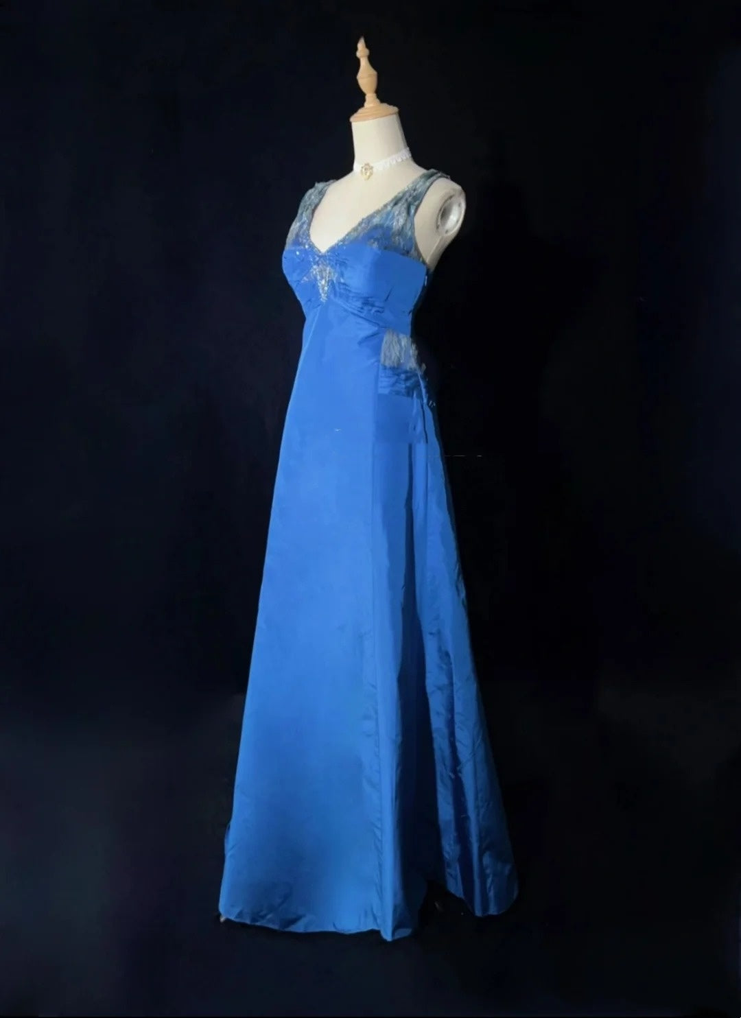 Robes de bal vintage en satin bleu en dentelle, coupe trapèze, col en V, années 1990, longue robe de soirée N2644