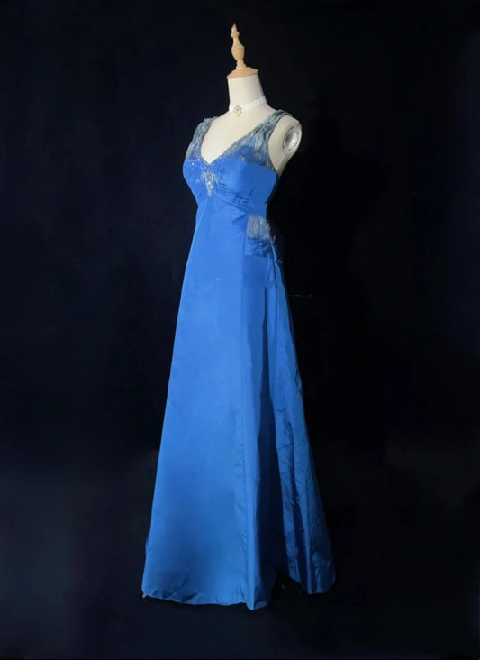 Vintage Prom Dresses A Line V Neck Blue Satin Lace 1990s Long Formal Evening Gown N2644