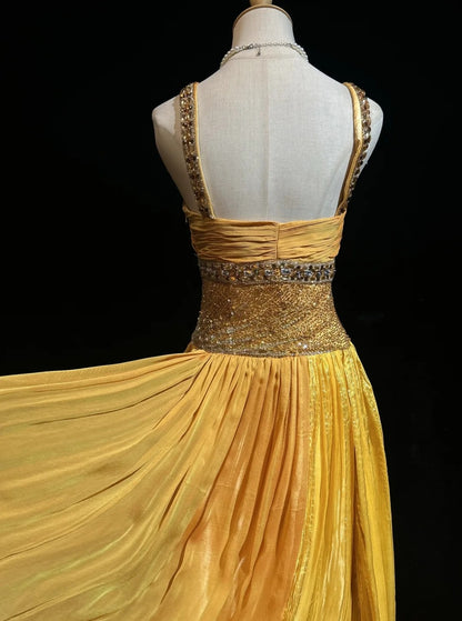 Elegantes A-Linien-Kleid, eckiger Ausschnitt, gelb mit Perlenstickerei, 18. Geburtstag, elegantes Outfit, formelle Ballkleider N4198