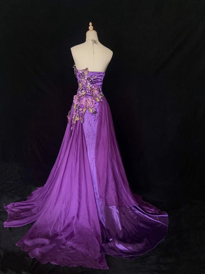 Belles Robes de Bal Sirène Violet Sans Bretelles Tulle avec Fleurs Appliquées Longues Tenues de Soirée N3411