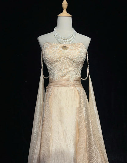 Vintage Abschlussballkleider A-Linie Spaghettiträger Champagner mit langen Ärmeln 90er Abendkleid N3001