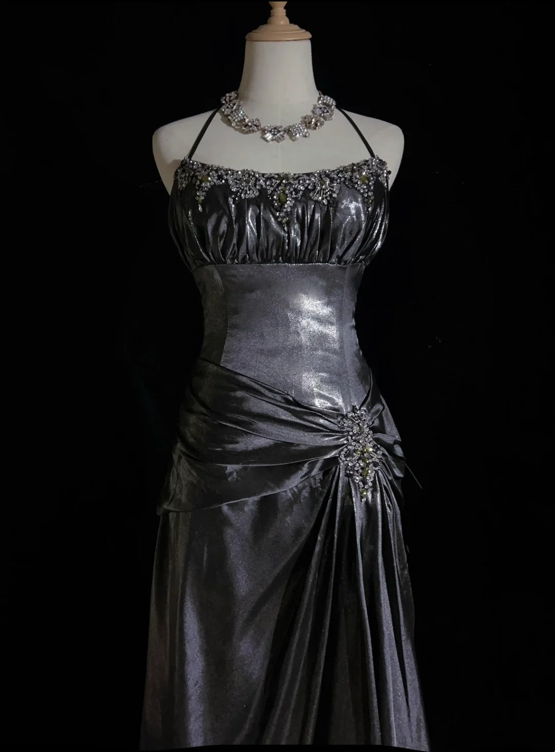 Robes de bal vintage sirène dos nu taille basse avec perles robe de soirée longue années 1970 N2618