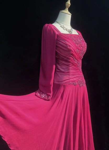Cute A line Square Hot Pink Chiffon Knee Length Party Dress Cocktail Gown Homecoming Dresses N3850