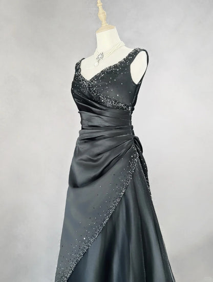 Robes de bal vintage des années 90 Col en V Noir avec perles argentées Robe de soirée longue N3022