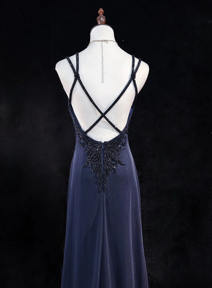Vintage Abschlussballkleider 1980er Jahre A-Linie Spaghettiträger Satin Marineblau Lang mit Perlen Abendgarderobe N3133