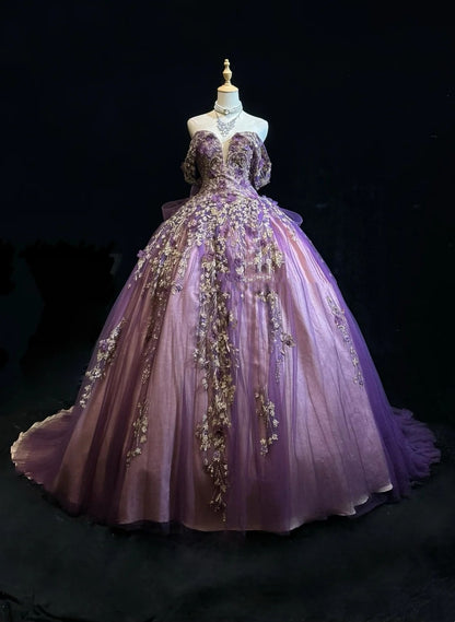 Ball Gown Off The Shoulder Purple Tulle With Appliqued Prom Dresses Sweet 16 Formal Outfits RB3938